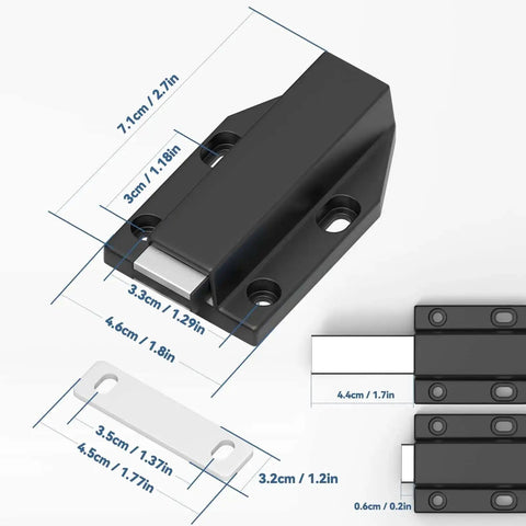 Heavy Duty Magnetic Push Latch No Nail Installation For Large Doors And Cabinets Black 2 Pack, dimensions shown