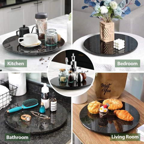 Image showcasing a Marble 16 Inch Lazy Susan Turntable Organizer For Cabinets Pantries Kitchen Counters Fridge And Vanity With Silent Smooth Rotation Anti Slip Rubber Feet And Durable Aluminum Bearing For Easy 360 Degree Access Black, displayed in various household settings like kitchen and living room with items.