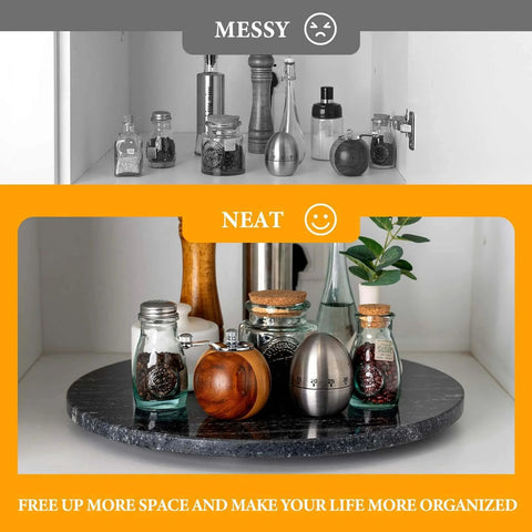 16 inch black marble lazy susan for kitchen use, natural stone rotating serving and organizer tray with organized kitchen items.