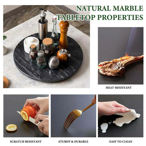 16 inch black marble lazy susan for kitchen use, natural stone rotating serving and organizer tray on a tabletop with properties.