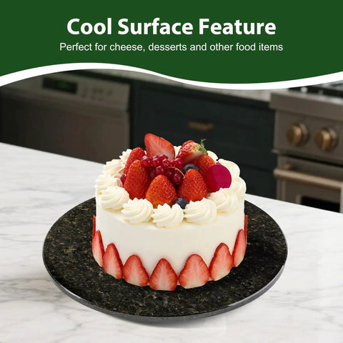 Marble 16 Inch Lazy Susan Turntable Organizer with cake in kitchen, showcasing anti-slip and smooth rotation features.