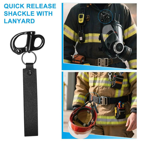 Mask Quick Release Clips With Carabiner Two Pack Black for Easy Removal and Secure Lanyard Attachment in use by firefighters