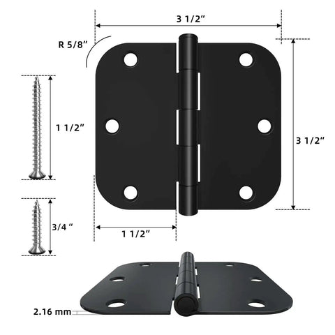 18 Pack Black Matte Interior Door Hinges 3.5 Inch By 3.5 Inch Rounded 5/8 Radius Heavy Duty Hinges For Residential Doors With 6 Screw Holes