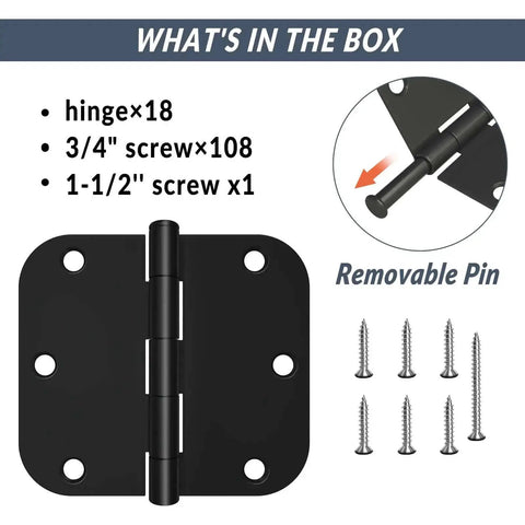 18 Pack Black Matte Interior Door Hinges 3.5 Inch By 3.5 Inch Rounded 5/8 Radius Heavy Duty Hinges with screws and removable pin