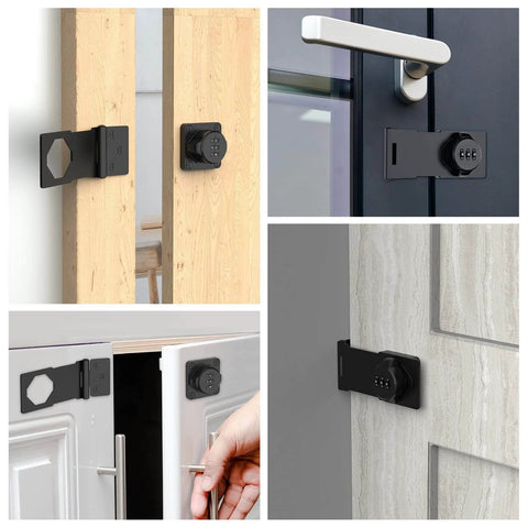 Mechanical Password Rotary Hasp Locks on various doors and cabinets in black, showcasing combination lock design and secure door latch.