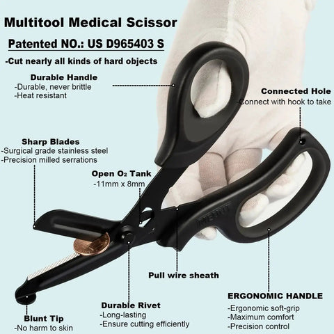 2 Pack Medical Trauma Shears For Left And Right Hand With Patented Bandage Scissors All Purpose Nonstick Blades Stainless Steel Surgical Grade EMT Scissors For Nurses And EMS displayed in close-up with ergonomic handle and durable rivet.