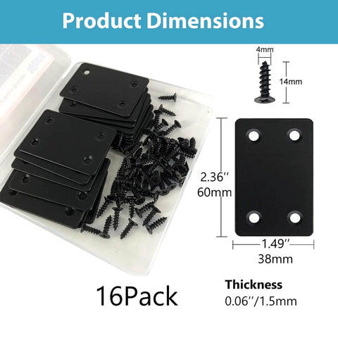 16 Pack Black Flat Mending Plate 2.36x1.49'', Stainless Steel Bracket, Straight Metal Brace Bracket with screws and dimensions