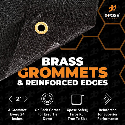 Close-up of heavy duty mesh tarp with brass grommets and reinforced edges for tie downs, featuring product features and Xpose Safety logo