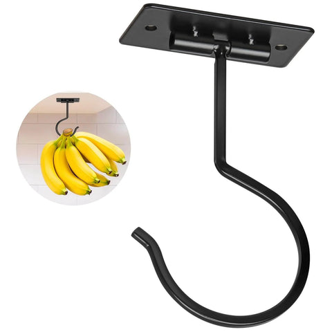 Ceiling-mounted black metal banana hanger with bananas shown hanging, designed for fruit storage in kitchens.