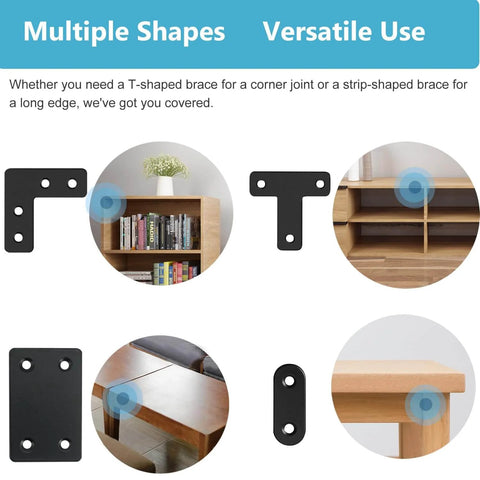✝️ 22 Pack Straight Brace Stainless Steel Black Flat Brace Straight Corner Braces Straight Brackets Metal Flat Straight Mending Plates with Screws installation examples on furniture showing versatility and stability.