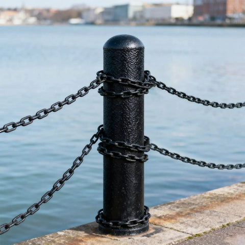 Long Black Chain Link 1/4" x 19.7 Ft, Heavy Duty Metal Porch Swing Chain for Hanging, Carbon Steel Coil tied around post by water