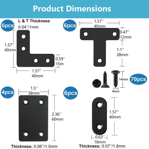 ✝️ 22 Pack Straight Brace Stainless Steel Black Flat Brace Straight Corner Braces Straight Brackets Metal Flat Straight Mending Plates with Screws, various shapes and sizes displayed with dimensions and screws