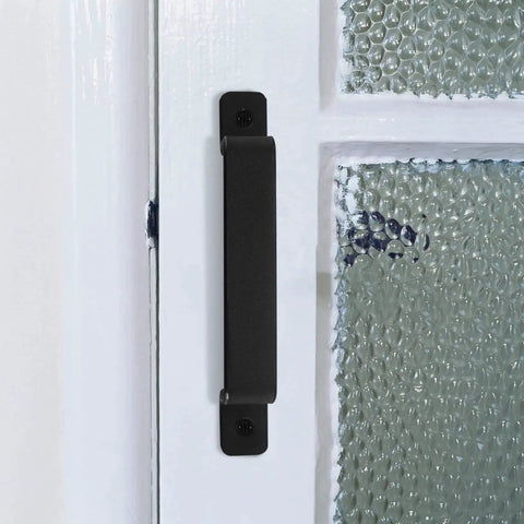 Sliding Barn Door Handles Set In Black 7.4 Inch Gate Handles Hardware on a glass door frame