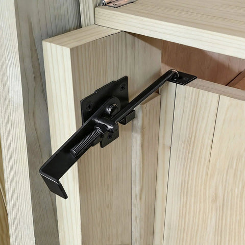 Sliding Door Latch With Hook Black Cam Latch installed on wooden door, showing 7 inch lever and flip action lock mechanism.