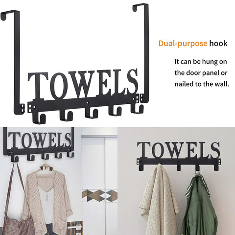 Over the Door Towel Rack Black Metal Holder for Bathroom and Bedroom with hooks and TOWELS letters
