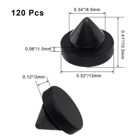 120 Pack Rubber Door Silencers One Half Inch Diameter 13mm By 10.5mm Length Beefy Black Metal Door Stop Silencers For Metal Doors And Frames Hinge Outlet Silencers Durable Rubber shown with dimensions