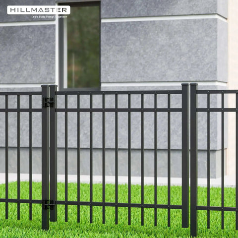 Built Tough Self Closing Gate Hinges For Metal Vinyl PVC Wood Fence With Adjustable Tension shown on black metal gate