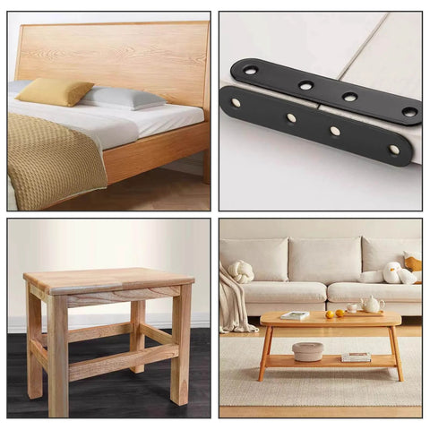 Collage showing wood furniture and 12 PCS 2.99'' x 0.63'' Stainless Straight Flat Brackets, Black Flat Metal Brace Bracket, Support Flat Metal Brace for Wood Furniture, Mending Plate Connector Joining Bracket for Fence, 48 Screws designed for smooth motion and stable alignment in.