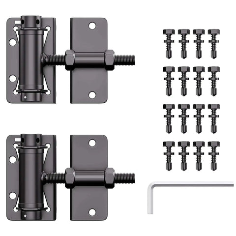 Built Tough Self Closing Gate Hinges For Metal Vinyl PVC Wood Fence With Adjustable Tension And 90 Degree Swing Gate Closer Hinges Gate Hardware Kit 2 Pack In Black Finish with installation hardware and hex key