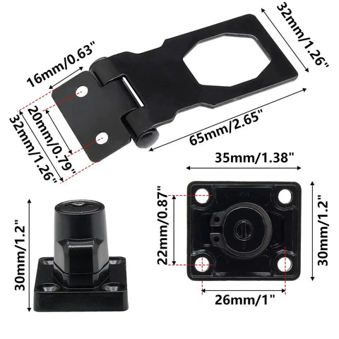 4 Pack Two And A Half Inch Keyed Hasp Locks With Two Keys Each Twist Knob Keyed Locking Hasp For Small Doors And Cabinets Black Metal Safety Latches Includes Mounting Screws For Easy Installation, showing dimensions and components.