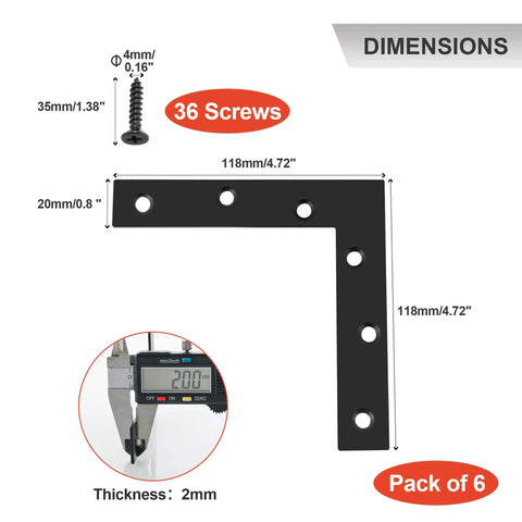 Dimensions of 120x120mm Metal L Mending Plate Bracket, matte black, with thickness and screw details, Pack of 6