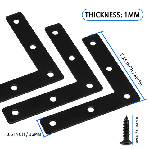Image showing 10Pcs 3 x 3 Inch L Bracket Corner Brace (80 X 80mm), Iron Flat Corner Bracket, Metal L Shaped Support Brace with screws and dimensions.