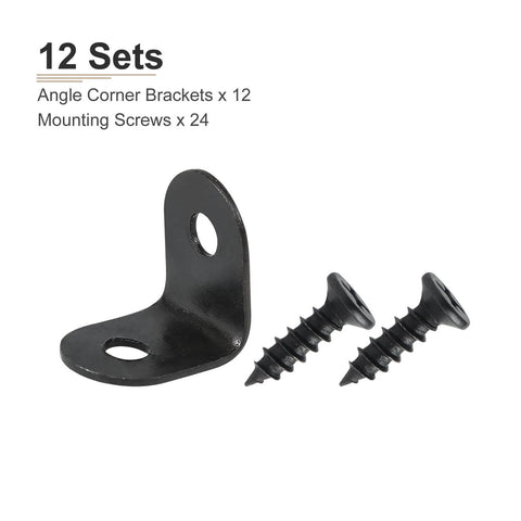 Black metal right angle bracket 0.47"x0.47"x0.35" L bracket corner braces and screws for mending furniture, 12 pack.