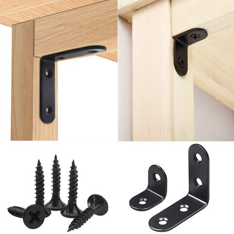 ✝️ 20PCS L Bracket Corner Bracket,Black Small Right Angle Bracket for Wood Furniture Cabinet Chair(10PCS 0.79 Inch+10PCS 1.57 Inch with 60PCS Screws) shown installed on wood edges and loose; includes black screws