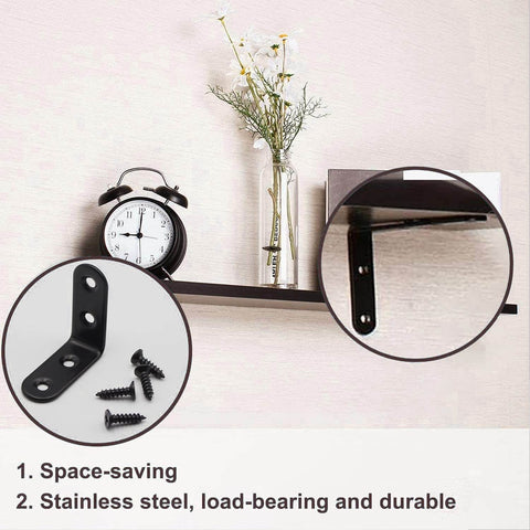 ✝️ 20PCS L Bracket Corner Bracket,Black Small Right Angle Bracket for Wood Furniture Cabinet Chair(10PCS 0.79 Inch+10PCS 1.57 Inch with 60PCS Screws) supporting a wall shelf with clock.