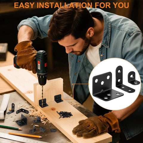 Man installing 26PCS L Bracket Corner Brace Kit, 3 Sizes Stainless Steel L Brackets for Wood Shelves, 90 Degree Right Angle Bracket