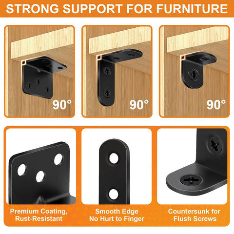 26PCS L Bracket Corner Brace Kit, 3 Sizes Stainless Steel L Brackets for Wood Shelves, 90 Degree Right Angle Bracket, Black Metal Corner Brackets for Furniture Cabinet Drawer Chair (with 88 Screws) designed for smooth motion and stable alignment.
