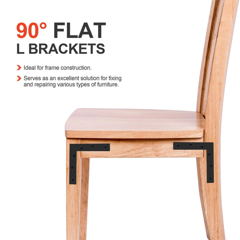 90° L Brackets installed on wooden chair, securing right angle with black finish, ideal for frame construction and furniture repair.