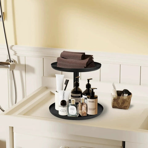 Two Tier Metal Lazy Susan Organizer Rotating Spice Rack For Kitchen Pantry And Countertop 1.2mm Steel Black on bathroom counter