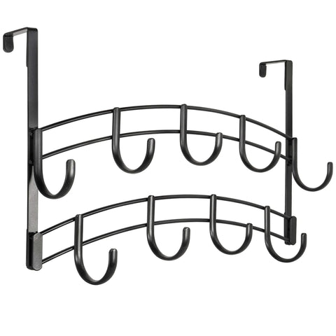 Black metal over-the-door double hook organizer with ten hooks for versatile hanging. Simple steel design for home or office use.