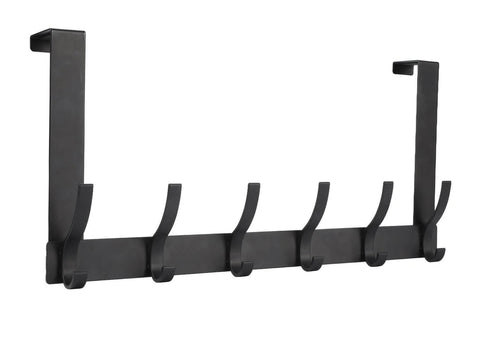 Black metal over-the-door 6-hook hanger for coats and accessories