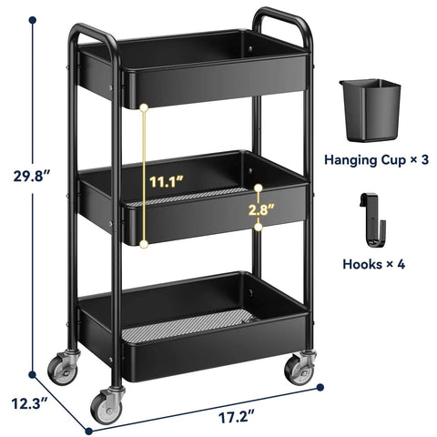 Heavy Duty 3 Tier Metal Rolling Cart With Wheels Ultra Sturdy Mesh Shelves Built In Hooks And Hanging Cups 110 Lbs Total Load Capacity