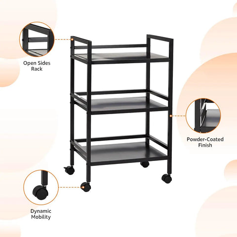Three Tier Metal Rolling Utility Cart With Open Shelves For Quick Access And Grab And Go Mobility Ideal For Kitchen Bathroom And Workshop Durable Metal Construction In Black From Amazon Basics shown in frontal view.