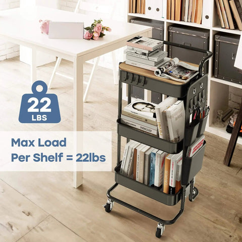 Three Tier Metal Utility Rolling Cart With Table Top And Side Bags Mesh Tray Storage Organizer On Wheels With Four Hooks