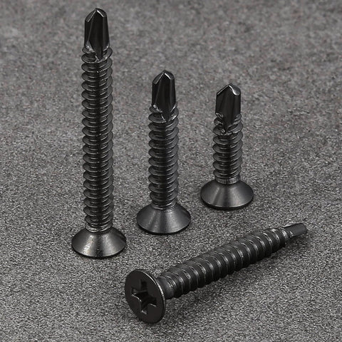 250pcs #8 x 1-1/4 Inch Flat Head Self Tapping Sheet Metal Screws Black Stainless Steel displayed on gray surface