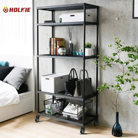 4 Inch Caster Wheels No Brake Stem Casters Set of 4 Heavy Duty Swivel Castors on black shelving unit in modern bedroom.