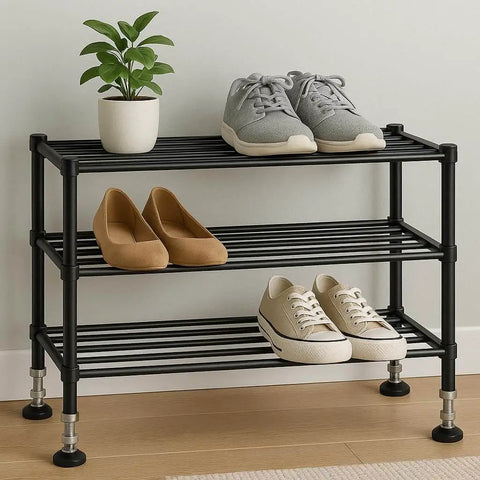 Heavy duty M12x50mm leveling feet deliver 2.83 inch height and 880 lb capacity adjustable swivel rubber feet on black metal shoe rack