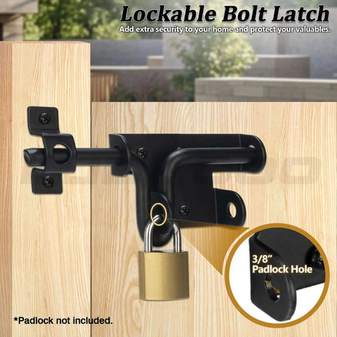 Two Way Slide Bolt Gate Latch Door Lock For Heavy Duty Fences And Barn Doors Black With Padlock Locking Hole installed on wooden gate
