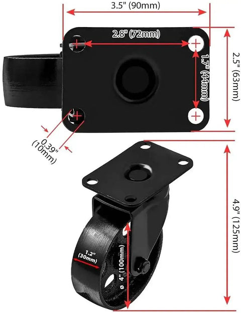 Dimensions and details of 8 Pack 4 Inch All Black Metal Swivel Plate Caster Wheels Heavy Duty High Gauge Steel With Screws.