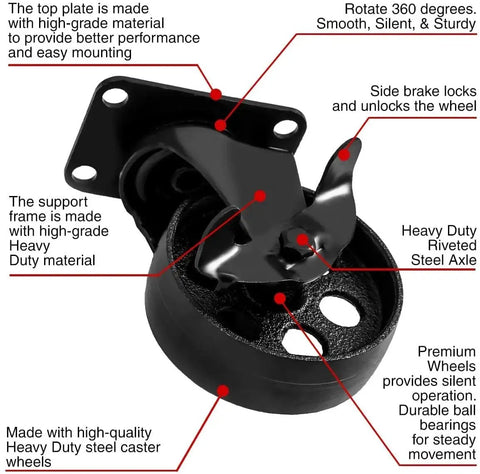8 Pack 4 Inch All Black Metal Swivel Plate Caster Wheels Heavy Duty High Gauge Steel With Screws Includes Four Brakes And