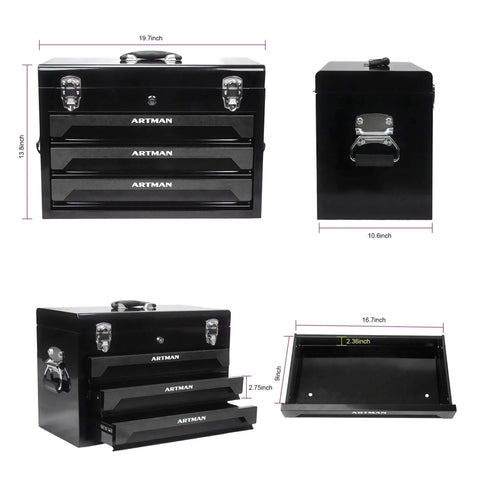 439 Piece Mechanics Tool Set, 3 Drawer Heavy Duty Metal Box with Household Tool Kit in black showing dimensions