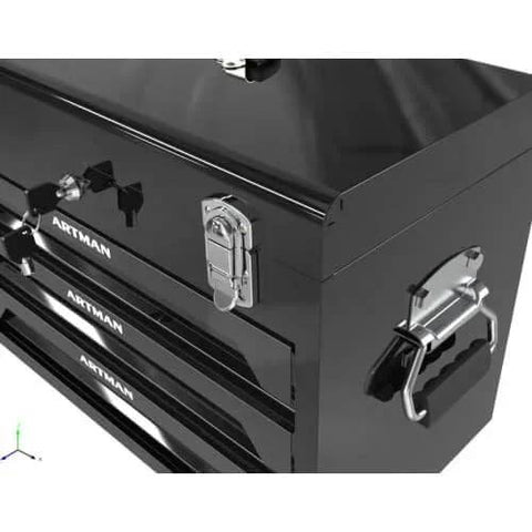 439 Piece Mechanics Tool Set, 3 Drawer Heavy Duty Metal Box with Household Tool Kit, close-up of metal handle and latch