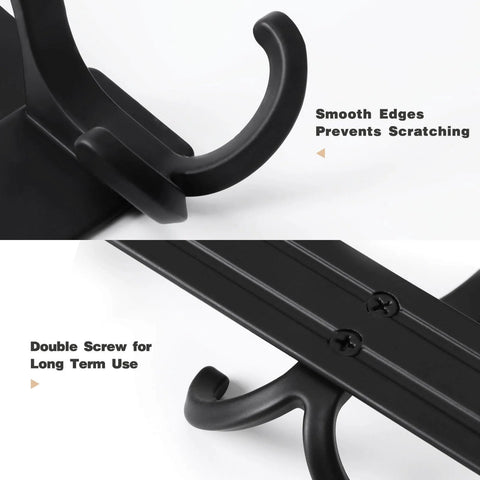 Close-up of Over the Door Towel Rack with 15 Triple Hooks Black Metal, showing smooth edges and double screw for durability.