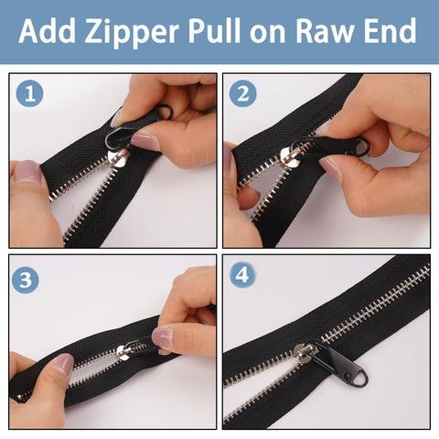 Four-step guide for attaching Six Piece Metal Zipper Pull Replacement Set For Luggage Suitcases Backpacks Jackets Purses And Handbags Clip On No Tools Needed Durable Black Great For Travel And Everyday Use to a black zipper.