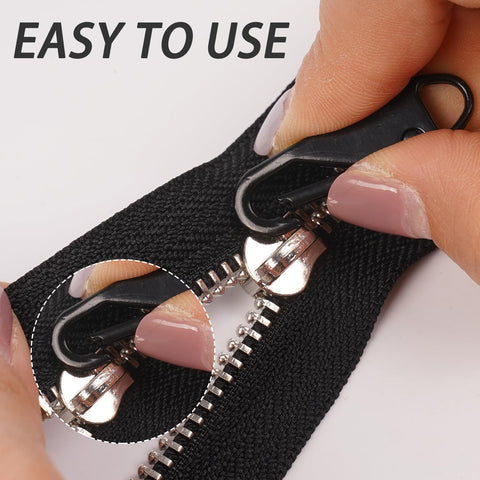 Close-up of installing a Six Piece Metal Zipper Pull Replacement Set For Luggage Suitcases Backpacks Jackets Purses And Handbags Clip On.