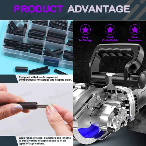 230 Piece Black Metric Roll Pin Set With Storage Case Includes 11 Sizes M2 M3 M4 M5 M6 M8 M10 Slotted Spring Pins Steel Dowel Pins For Home Improvement And Automotive Repair Great For DIY Projects And Quick Fixes in close-up showing organized storage case and usage example